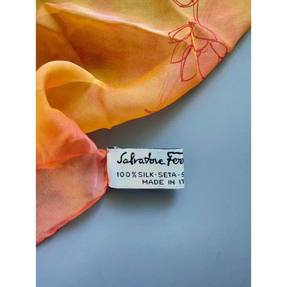 Salvatore Ferragamo Orange Silk Chiffon Floral Scarf OS